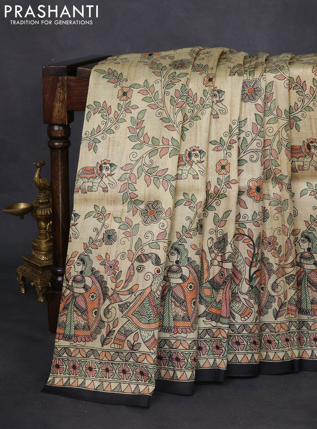 Tussar madhubani printed silk saree cream and black with allover prints and printed border