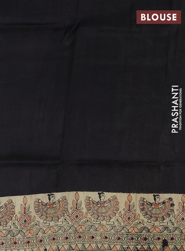Tussar madhubani printed silk saree cream and black with allover prints and printed border