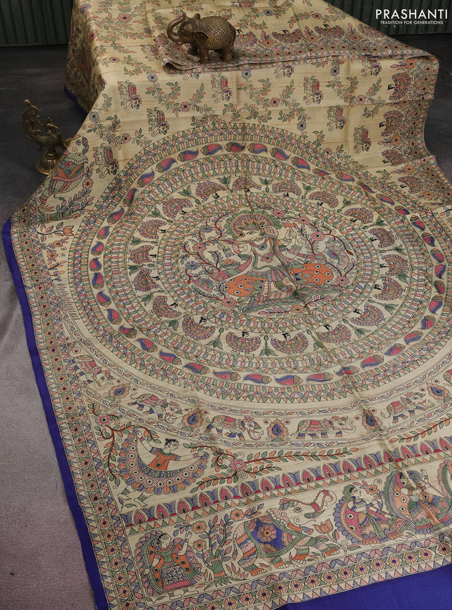 Tussar madhubani printed silk saree cream and blue with allover prints and printed border