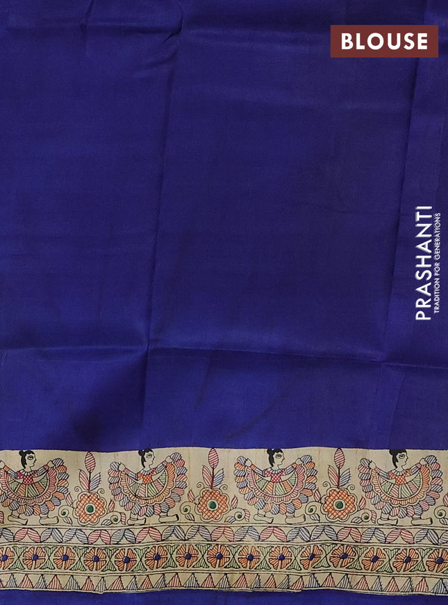 Tussar madhubani printed silk saree cream and blue with allover prints and printed border