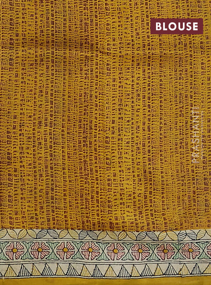 Madhubani printed silk saree cream and mustard yellow with allover prints and printed border