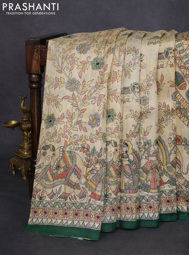 Tussar madhubani printed silk saree cream and green with allover prints and printed border