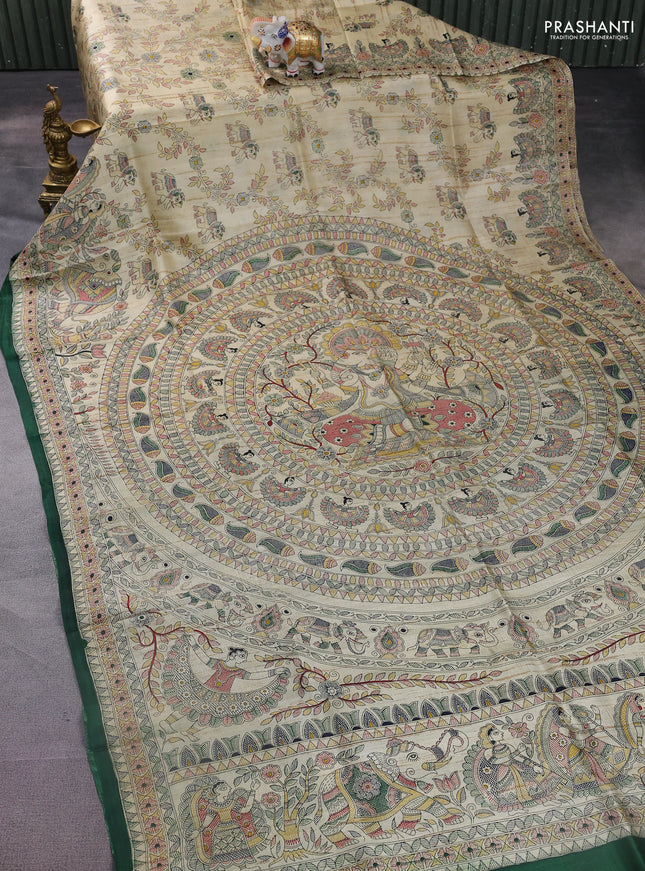 Tussar madhubani printed silk saree cream and green with allover prints and printed border