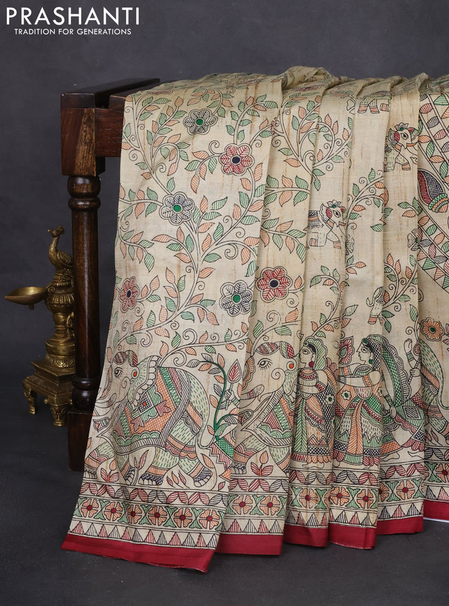 Tussar madhubani printed silk saree cream and maroon with allover prints and printed border