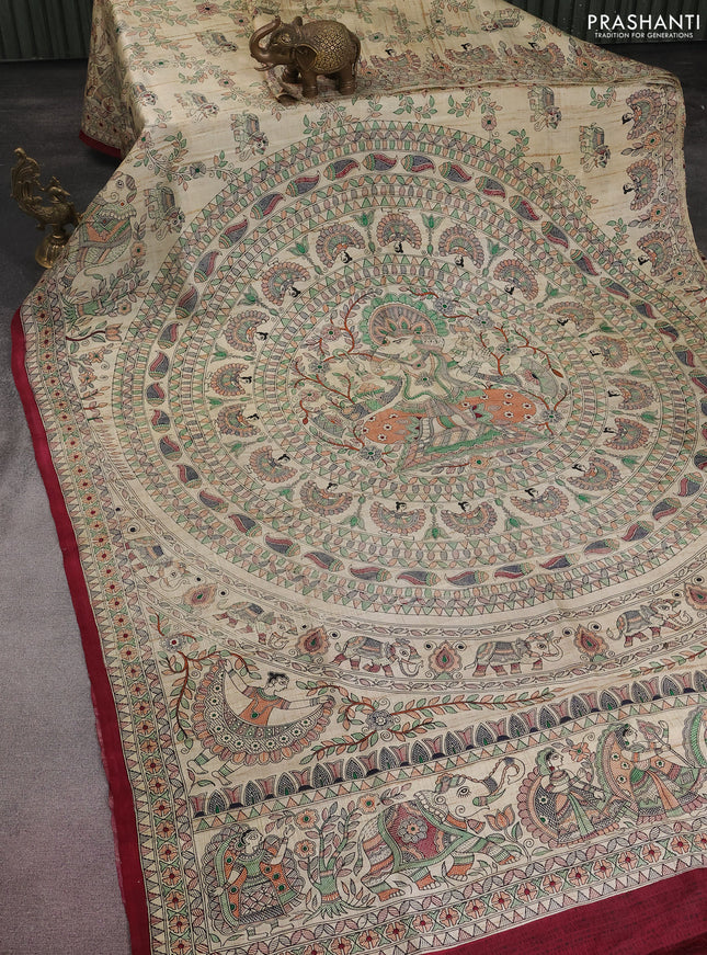 Tussar madhubani printed silk saree cream and maroon with allover prints and printed border