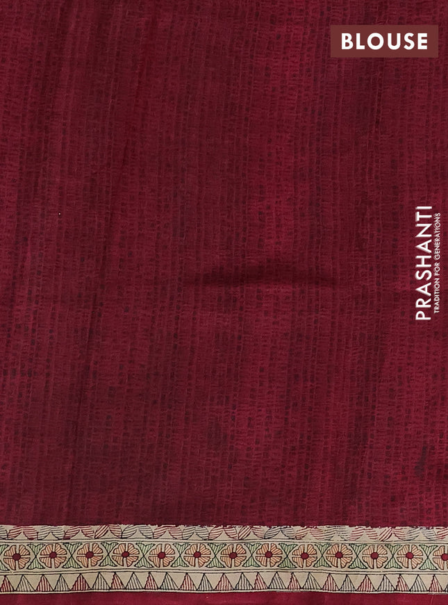 Tussar madhubani printed silk saree cream and maroon with allover prints and printed border