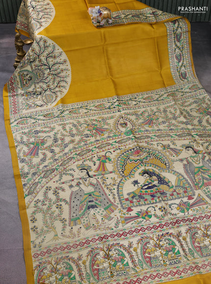 Madhubani printed silk saree mustard yellow and cream with plain body and long printed border