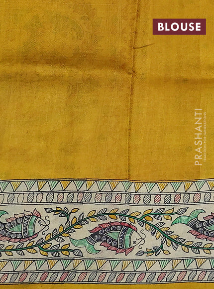 Madhubani printed silk saree mustard yellow and cream with plain body and long printed border