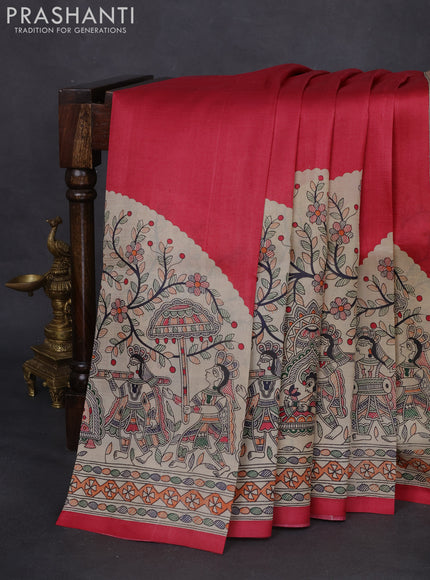 Madhubani printed silk saree red and cream with plain body and long printed border