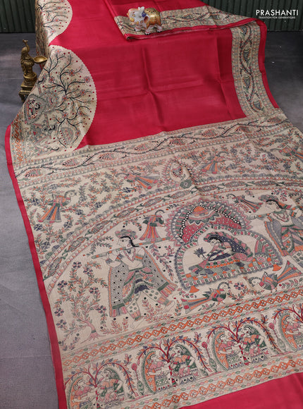 Madhubani printed silk saree red and cream with plain body and long printed border