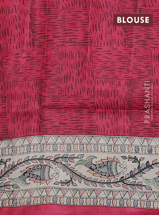Tussar madhubani printed silk saree red and cream with plain body and long printed border