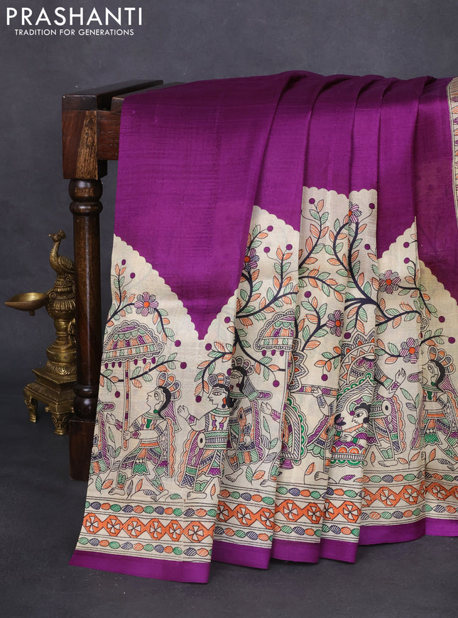Tussar madhubani printed silk saree purple and cream with plain body and long printed border