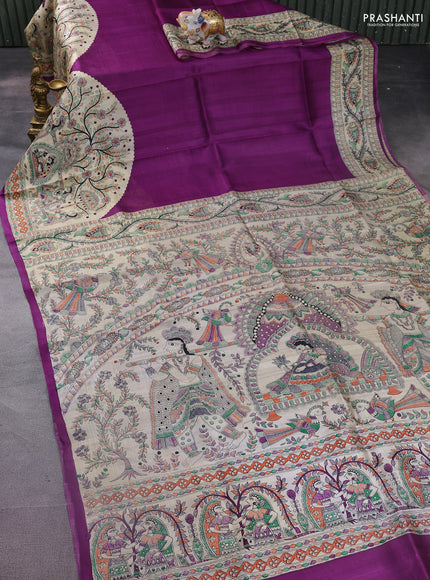 Madhubani printed silk saree purple and cream with plain body and long printed border