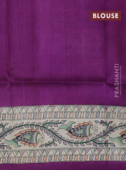 Madhubani printed silk saree purple and cream with plain body and long printed border