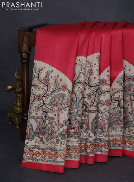 Madhubani printed silk saree pink and cream with plain body and long printed border