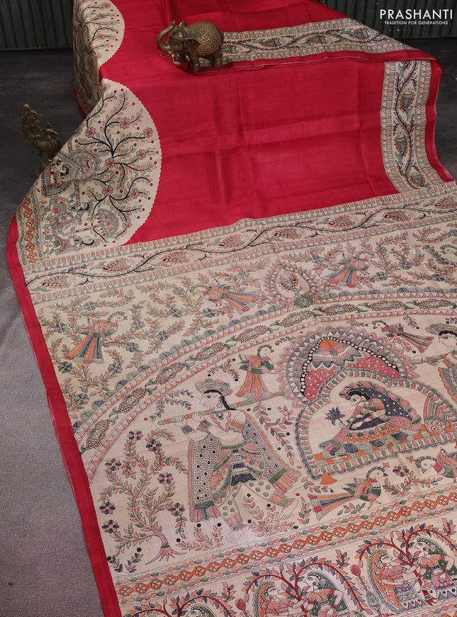 Tussar madhubani printed silk saree pink and cream with plain body and long printed border