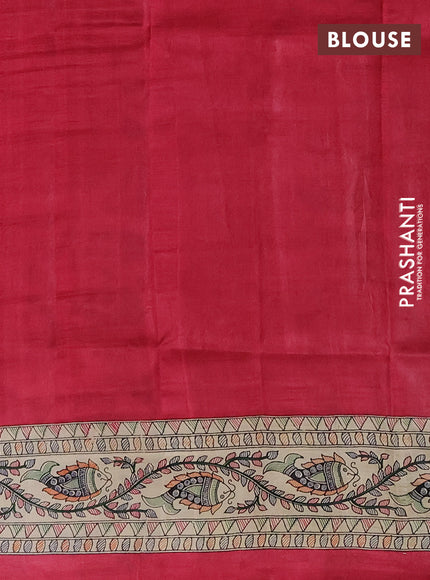 Madhubani printed silk saree pink and cream with plain body and long printed border