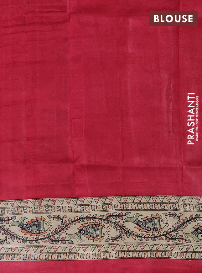 Tussar madhubani printed silk saree pink and cream with plain body and long printed border