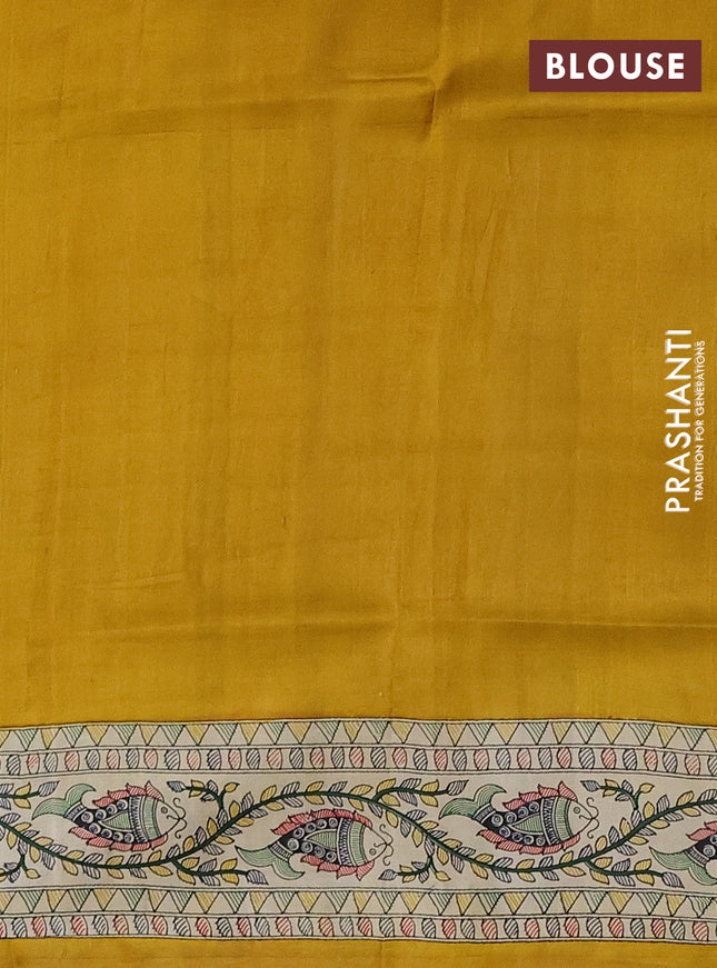 Tussar madhubani printed silk saree mustard yellow and cream with plain body and long printed border