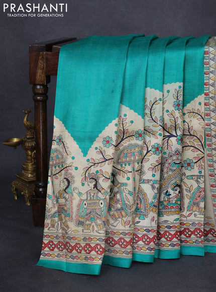 Madhubani printed silk saree teal green and cream with plain body and long printed border