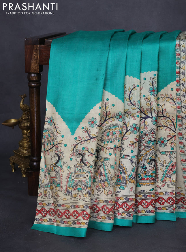 Tussar madhubani printed silk saree teal green and cream with plain body and long printed border