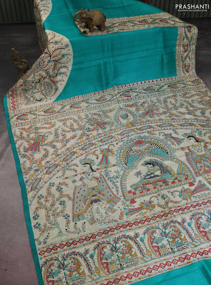 Madhubani printed silk saree teal green and cream with plain body and long printed border