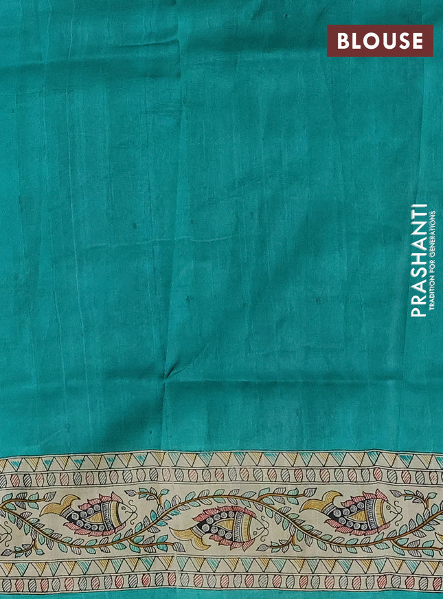 Tussar madhubani printed silk saree teal green and cream with plain body and long printed border