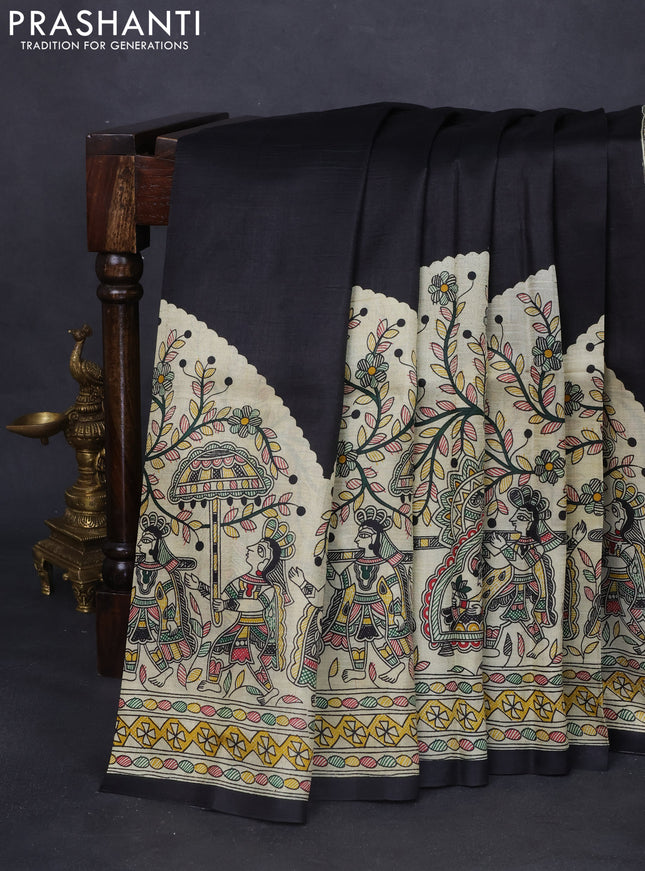 Tussar madhubani printed silk saree black and cream with plain body and long printed border