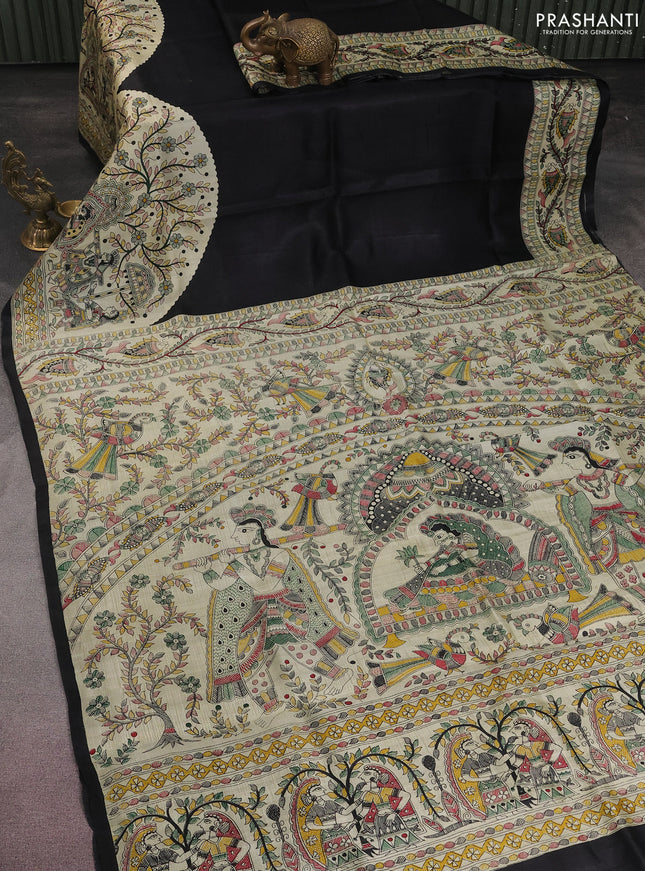 Tussar madhubani printed silk saree black and cream with plain body and long printed border