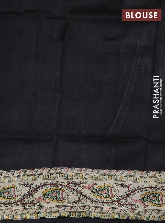 Tussar madhubani printed silk saree black and cream with plain body and long printed border