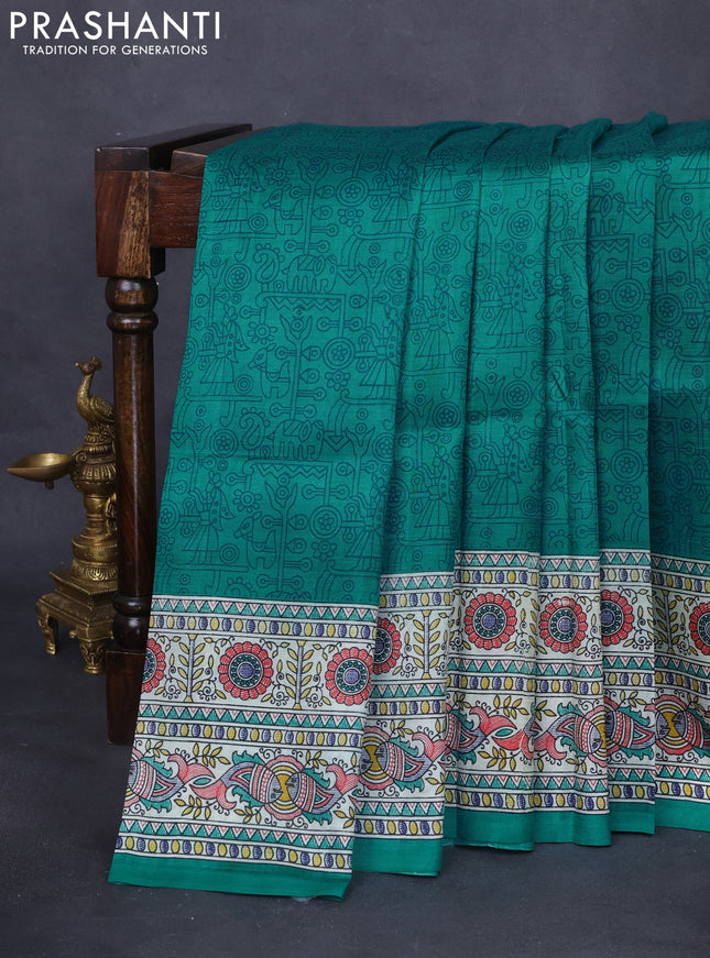 Tussar madhubani printed silk saree teal green and cream with allover prints and printed border