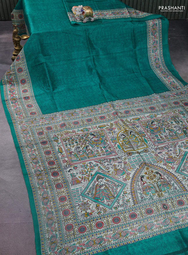 Tussar madhubani printed silk saree teal green and cream with allover prints and printed border