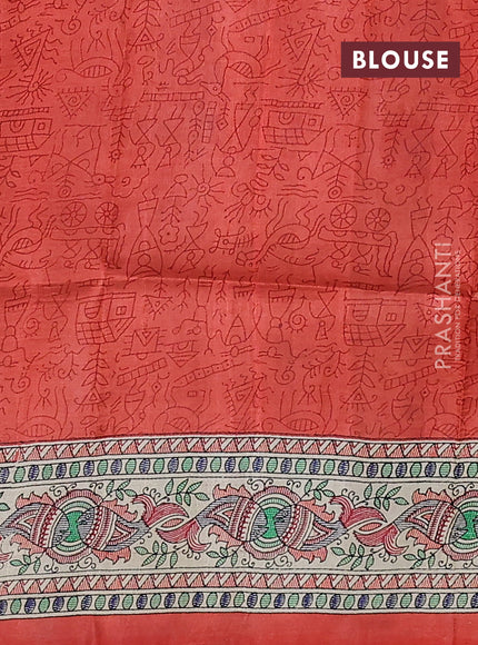 Madhubani printed silk saree orange and cream with allover prints and printed border