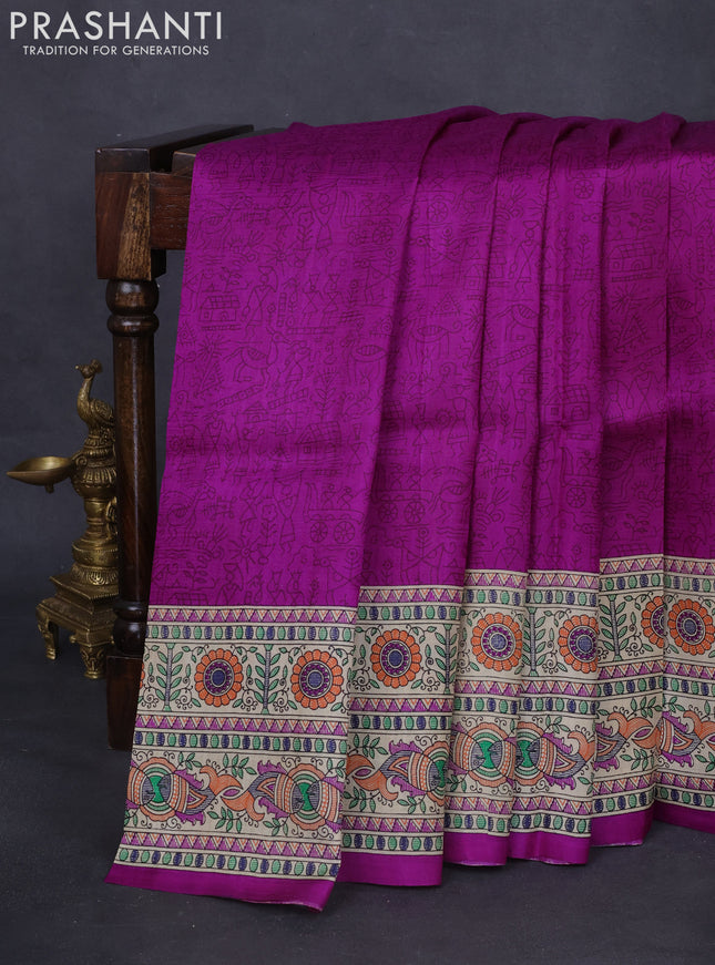 Tussar madhubani printed silk saree purple and cream with allover prints and printed border
