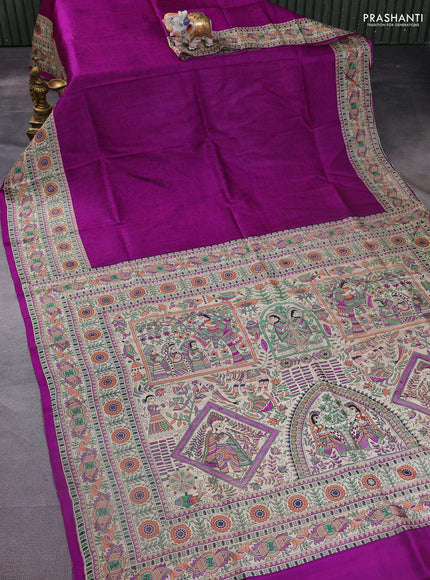 Madhubani printed silk saree purple and cream with allover prints and printed border
