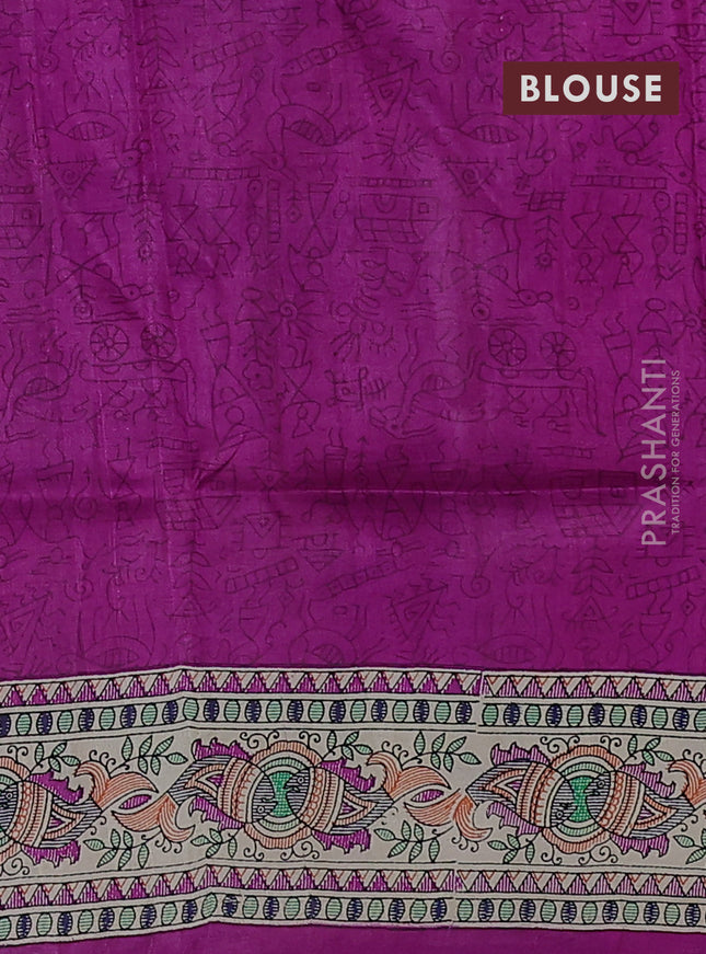 Tussar madhubani printed silk saree purple and cream with allover prints and printed border