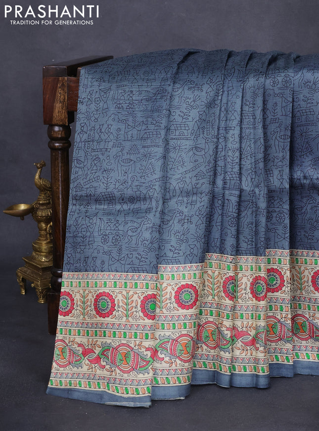 Tussar madhubani printed silk saree grey and cream with allover prints and printed border