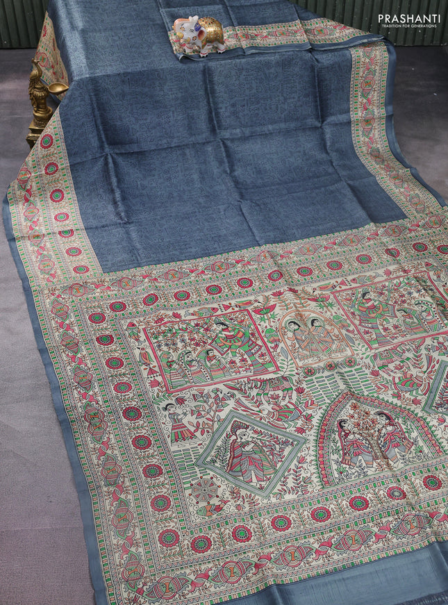 Tussar madhubani printed silk saree grey and cream with allover prints and printed border