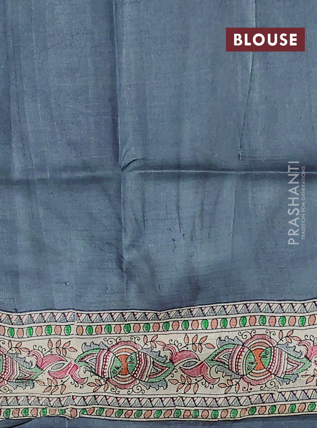 Tussar madhubani printed silk saree grey and cream with allover prints and printed border