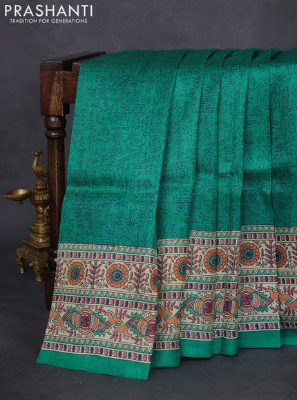 Madhubani printed silk saree teal green and cream with allover prints and printed border