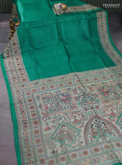 Madhubani printed silk saree teal green and cream with allover prints and printed border