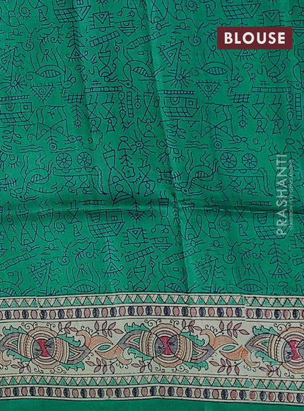 Madhubani printed silk saree teal green and cream with allover prints and printed border