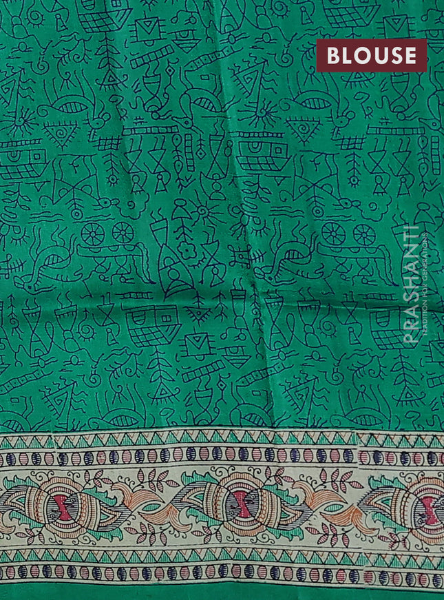 Tussar madhubani printed silk saree teal green and cream with allover prints and printed border