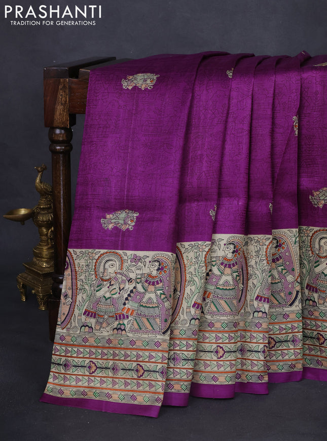 Tussar madhubani printed silk saree deep purple and cream with allover prints and printed border