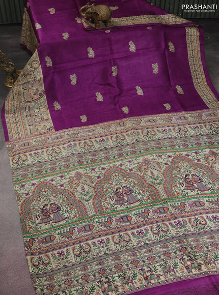 Madhubani printed silk saree deep purple and cream with allover prints and printed border