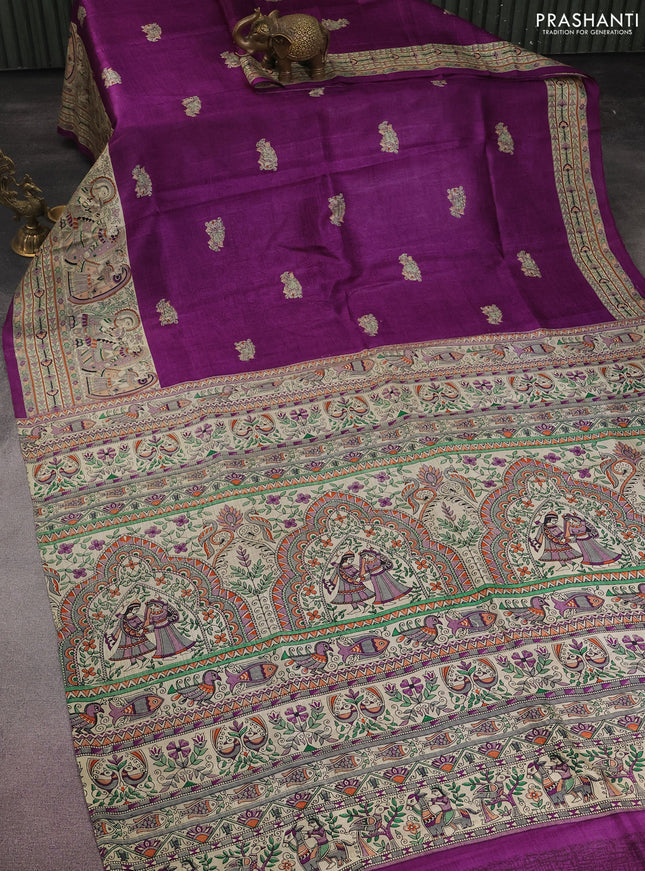 Tussar madhubani printed silk saree deep purple and cream with allover prints and printed border