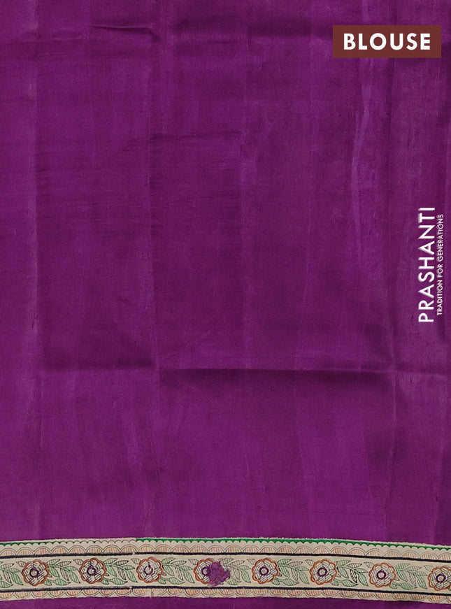 Tussar madhubani printed silk saree deep purple and cream with allover prints and printed border