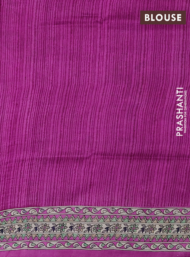 Tussar madhubani printed silk saree pink and cream with allover prints and printed border