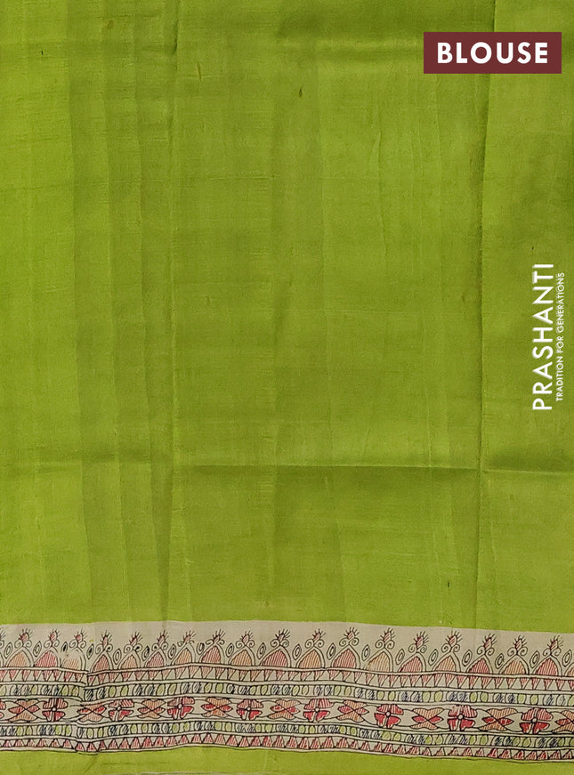 Tussar madhubani printed silk saree light green and cream with allover prints and printed border
