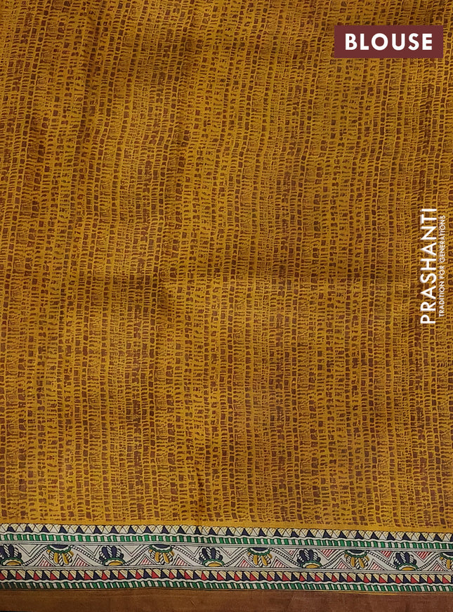 Tussar madhubani printed silk saree mustard yellow and cream with allover prints and printed border